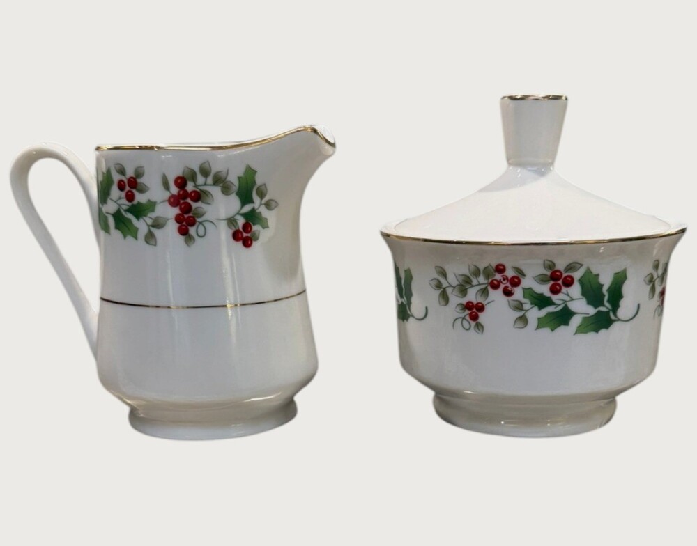 Gibson Christmas Harmony Creamer & Covered Sugar Bowl Holly Berry Gold Trim